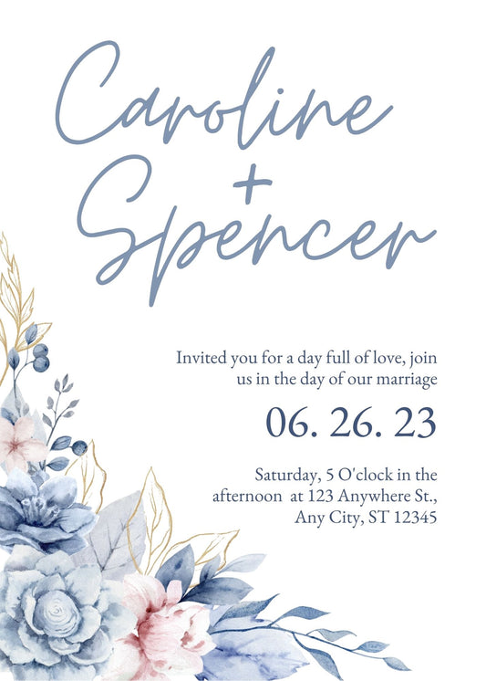 Blue and Pink Floral Wedding Invitations