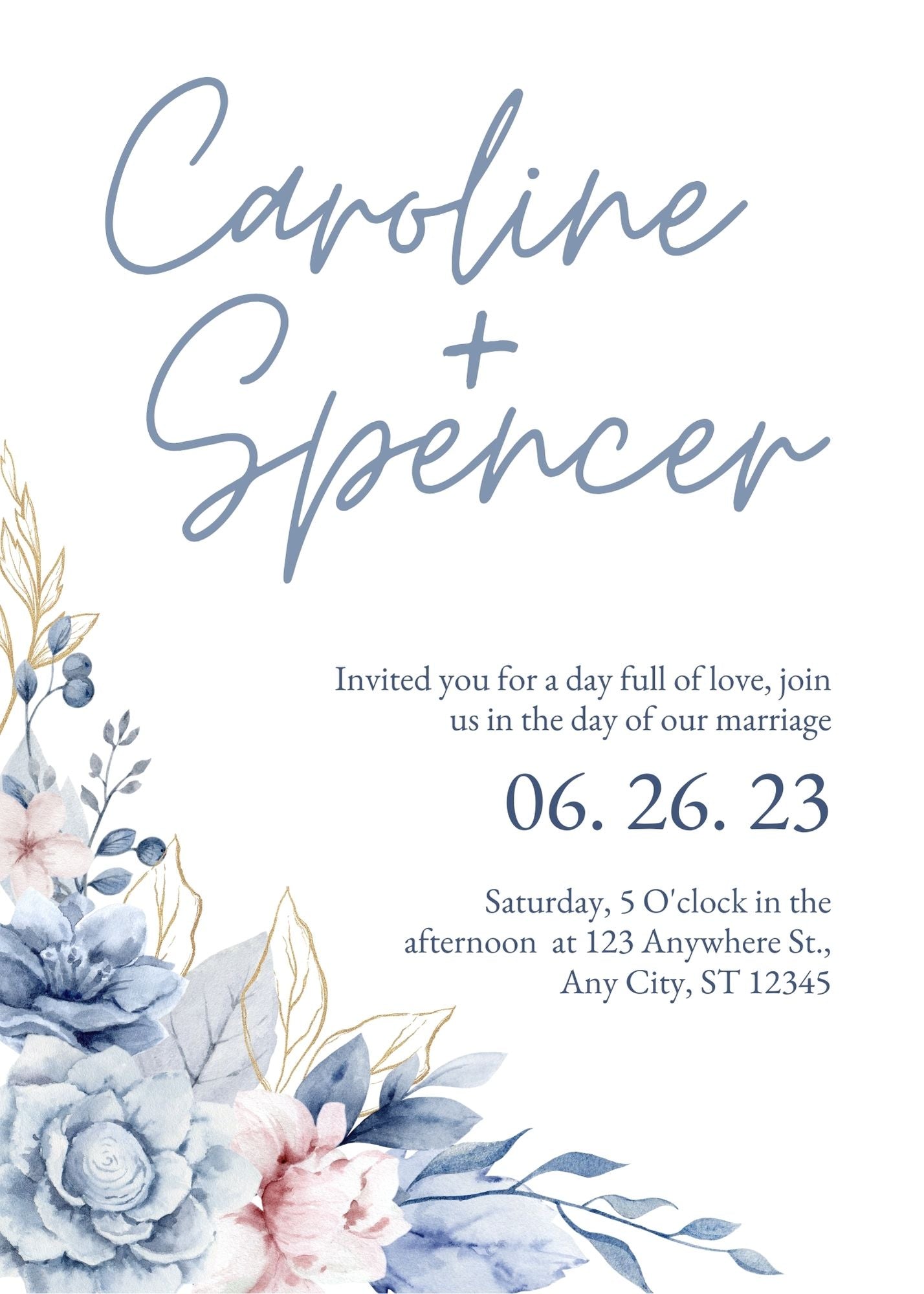 Blue and Pink Floral Wedding Invitations