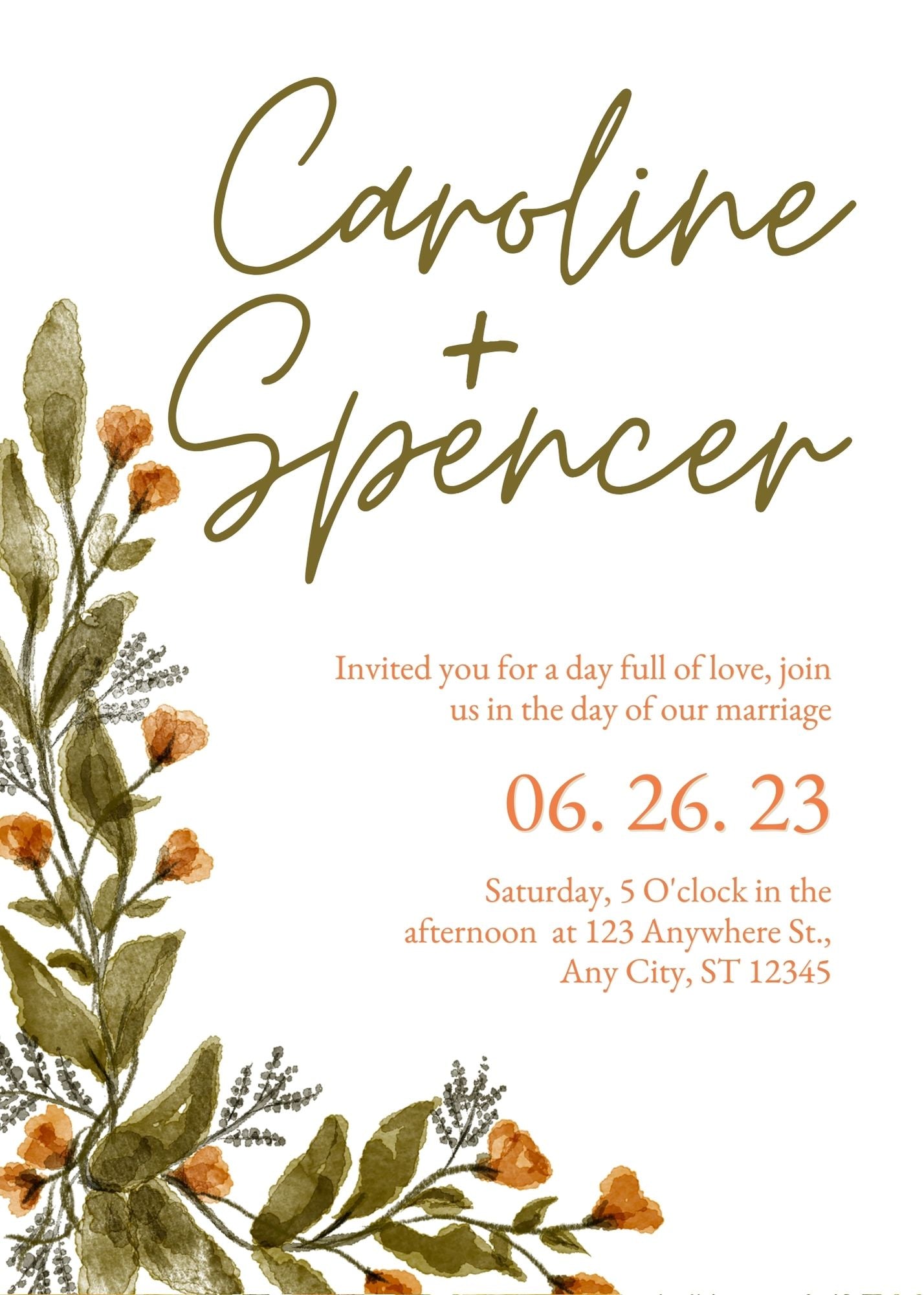 Touches of Orange Floral Wedding Invitations